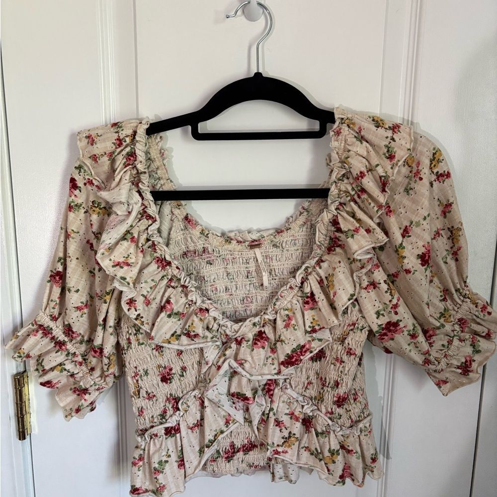 Free People Floral Smocked Ruffle Peasant Top Boho Cottagecore XS